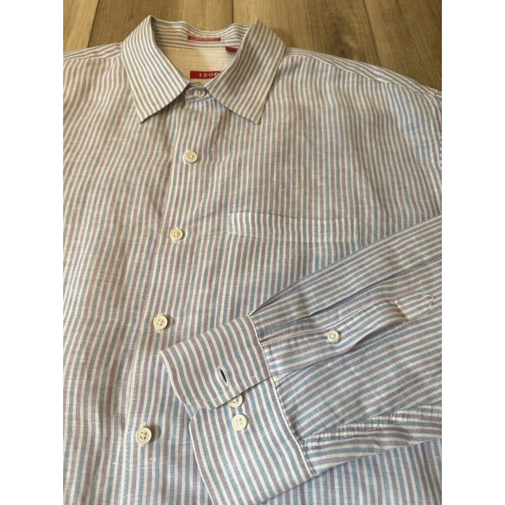 NEW Men's Linen XL Shirt White Blue&Purple Stripe Long Slv Coastal Summer Easter